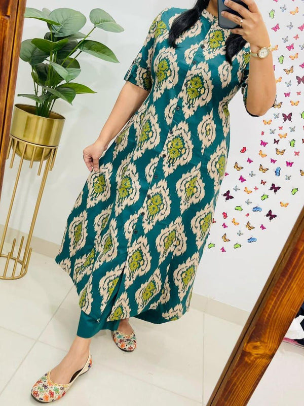 Green Printed Cotton Kurti & Palazzo Set