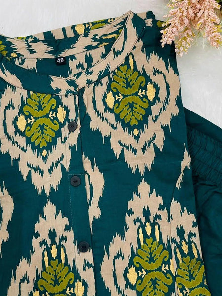 Green Printed Cotton Kurti & Palazzo Set