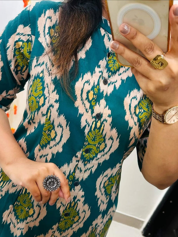 Green Printed Cotton Kurti & Palazzo Set