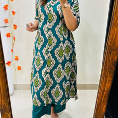 Green Printed Cotton Kurti & Palazzo Set