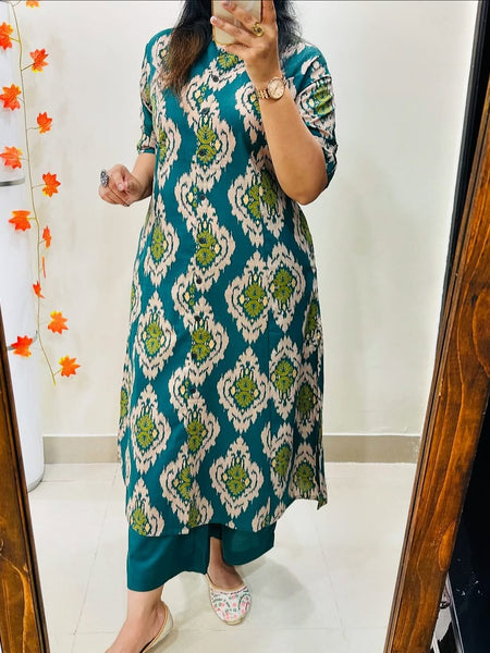 Green Printed Cotton Kurti & Palazzo Set