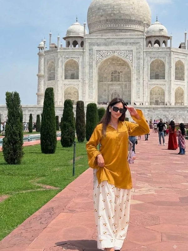 Chery Embroideried Work Mustard Farshi Salwar Set