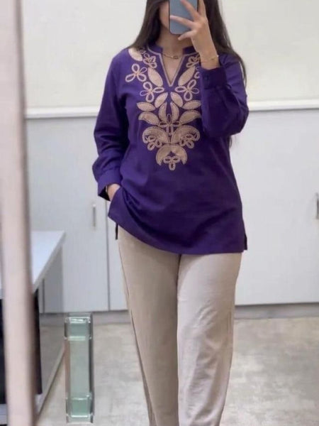 Embroidery Work Purple Top Pant Set