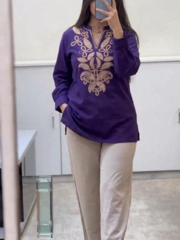 Embroidery Work Purple Top Pant Set