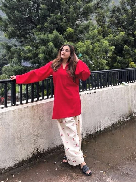 Chery Embroideried Work Red Farshi Salwar Set