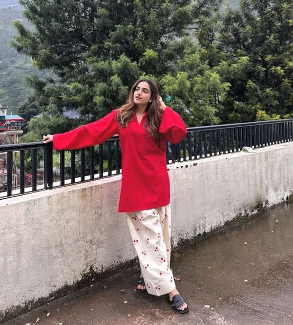 Chery Embroideried Work Red Farshi Salwar Set