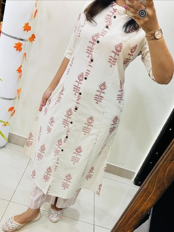 White Printed Cotton Kurti Palazzo Set