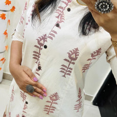 White Printed Cotton Kurti Palazzo Set