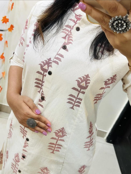 White Printed Cotton Kurti Palazzo Set