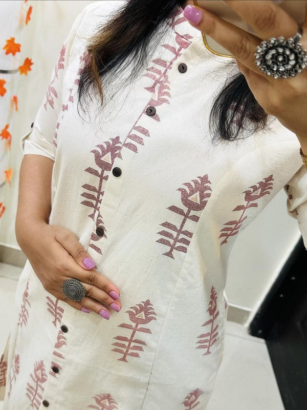 White Printed Cotton Kurti Palazzo Set