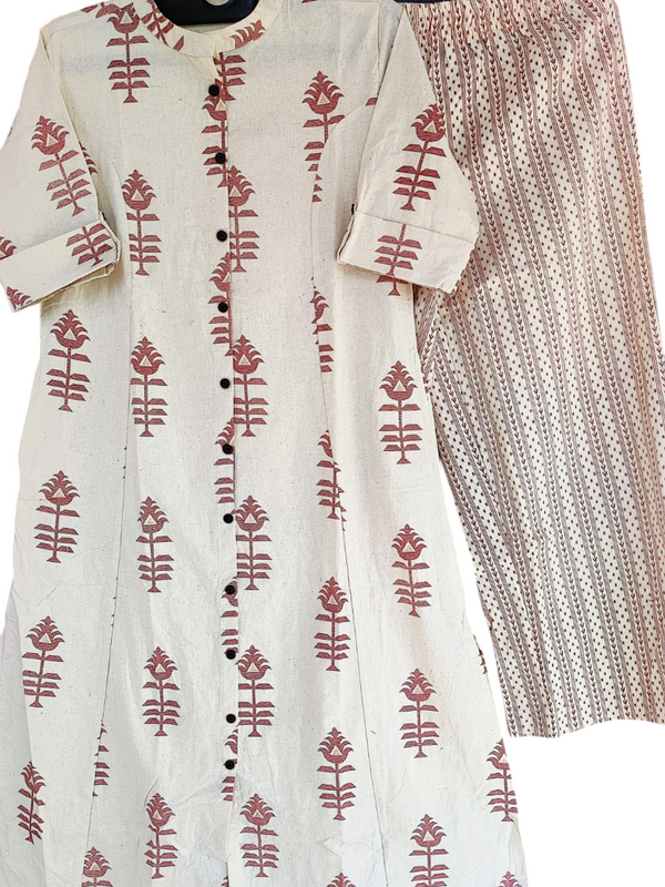 White Printed Cotton Kurti Palazzo Set