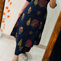 Blue Printed Cotton Kurti Palazzo Set