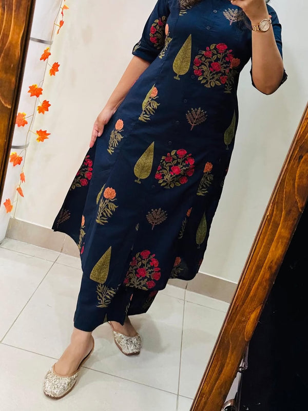 Blue Printed Cotton Kurti Palazzo Set