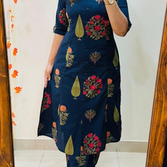 Blue Printed Cotton Kurti Palazzo Set