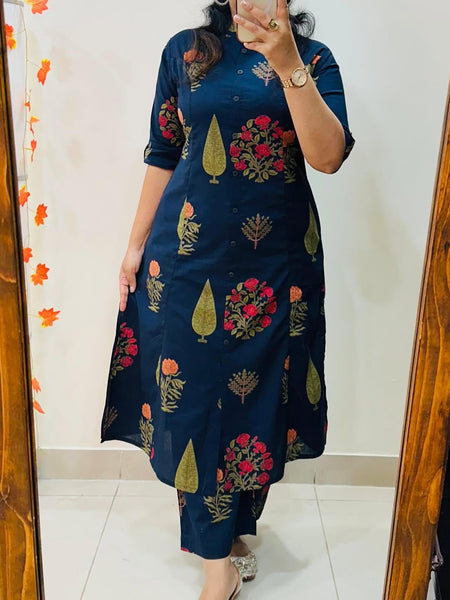 Blue Printed Cotton Kurti Palazzo Set