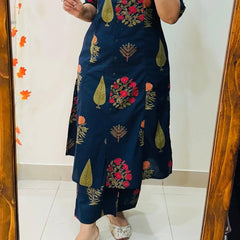 Blue Printed Cotton Kurti Palazzo Set