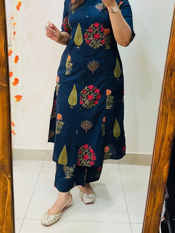 Blue Printed Cotton Kurti Palazzo Set
