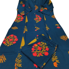 Blue Printed Cotton Kurti Palazzo Set