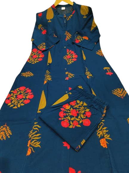 Blue Printed Cotton Kurti Palazzo Set