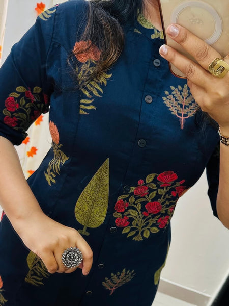 Blue Printed Cotton Kurti Palazzo Set