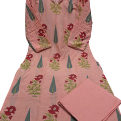 Peach Printed Cotton Kurti, Pant & Dupatta Set