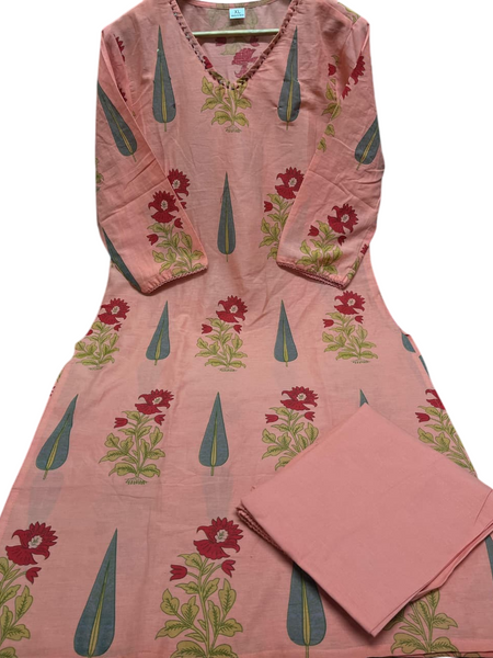 Peach Printed Cotton Kurti, Pant & Dupatta Set