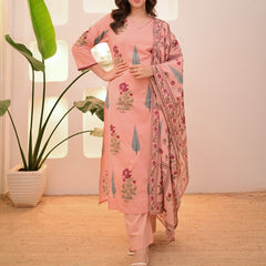 Peach Printed Cotton Kurti, Pant & Dupatta Set