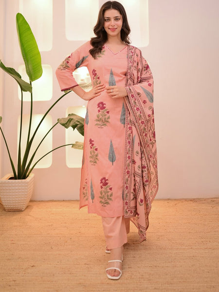 Peach Printed Cotton Kurti, Pant & Dupatta Set
