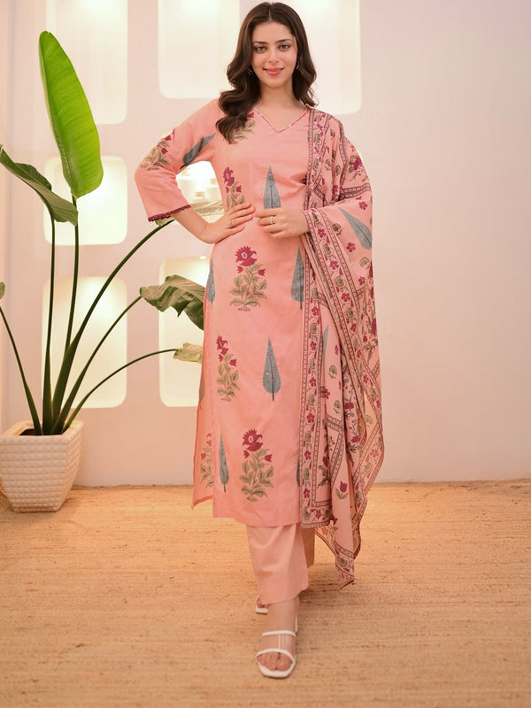 Peach Printed Cotton Kurti, Pant & Dupatta Set
