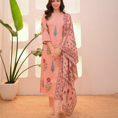 Peach Printed Cotton Kurti, Pant & Dupatta Set