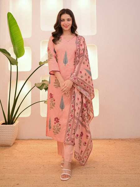 Peach Printed Cotton Kurti, Pant & Dupatta Set