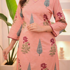 Peach Printed Cotton Kurti, Pant & Dupatta Set