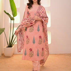 Peach Printed Cotton Kurti, Pant & Dupatta Set