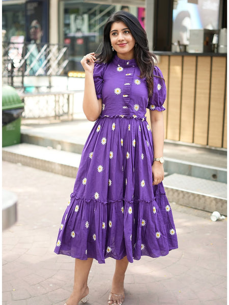 Beautiful Floral Embroidered Purple Cotton Midi Kurti