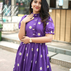 Beautiful Floral Embroidered Purple Cotton Midi Kurti
