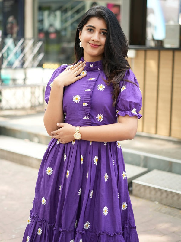 Beautiful Floral Embroidered Purple Cotton Midi Kurti