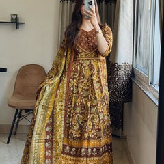 Beautiful Printed Anarkali Cotton Yellow Suit Set