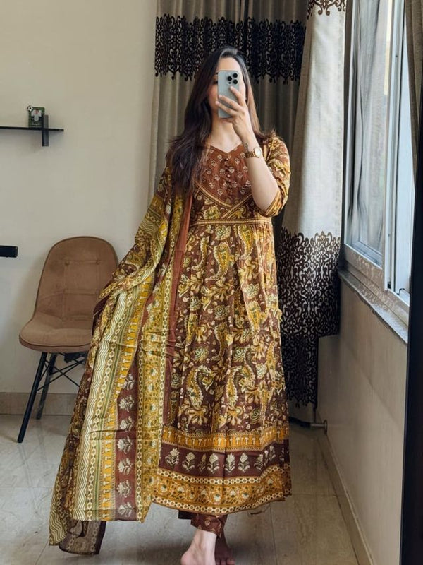Beautiful Printed Anarkali Cotton Yellow Suit Set
