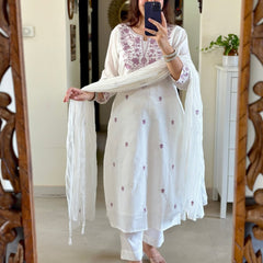 White Embroidered Cotton Flex Kurti Pant Dupatta Set