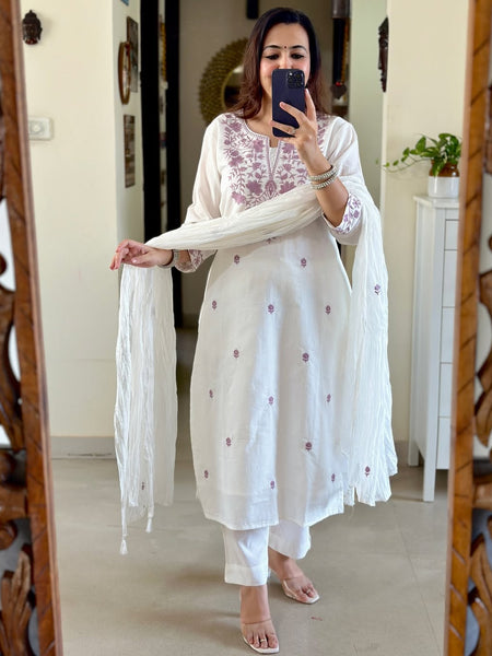White Embroidered Cotton Flex Kurti Pant Dupatta Set