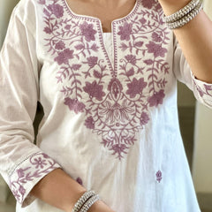 White Embroidered Cotton Flex Kurti Pant Dupatta Set