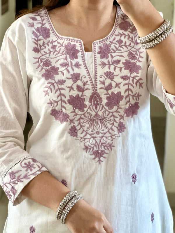 White Embroidered Cotton Flex Kurti Pant Dupatta Set