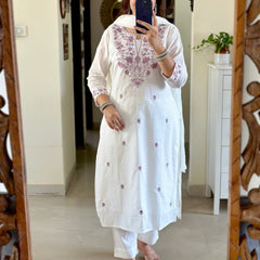 White Embroidered Cotton Flex Kurti Pant Dupatta Set