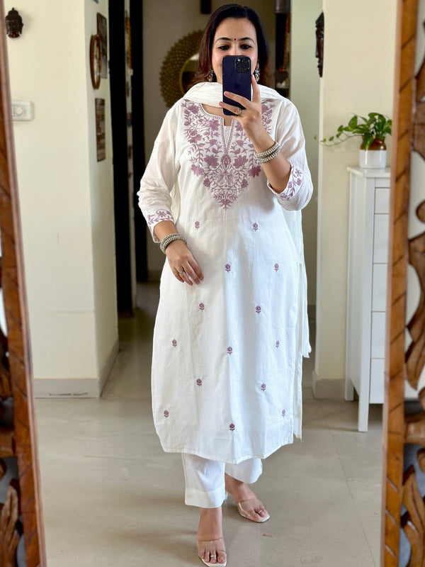 White Embroidered Cotton Flex Kurti Pant Dupatta Set