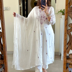 White Embroidered Cotton Flex Kurti Pant Dupatta Set