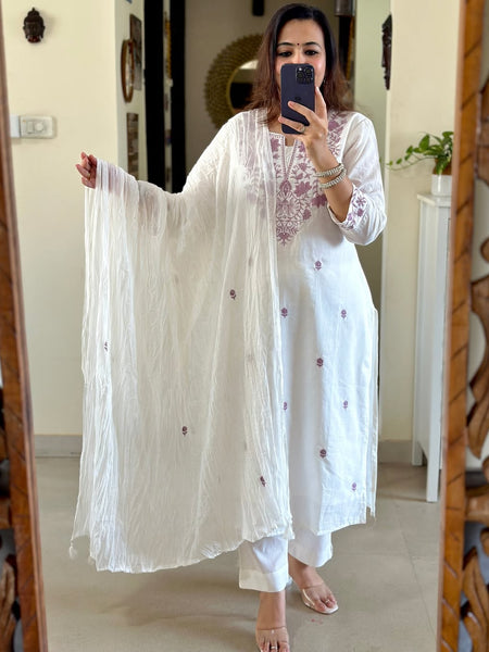 White Embroidered Cotton Flex Kurti Pant Dupatta Set