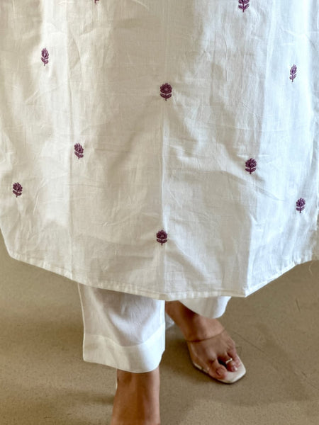 White Embroidered Cotton Flex Kurti Pant Dupatta Set