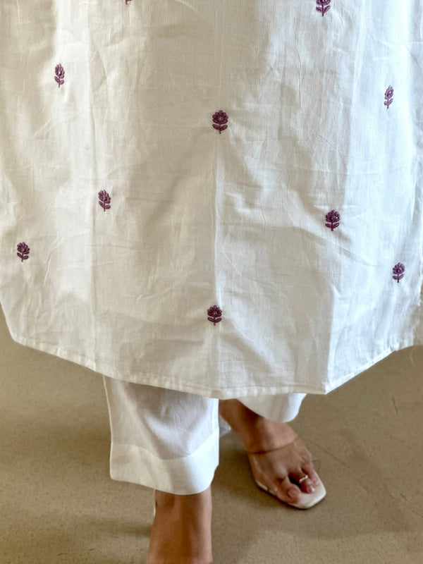White Embroidered Cotton Flex Kurti Pant Dupatta Set