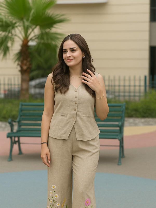 Brown Embroidered Cotton Slub Co-ord Set