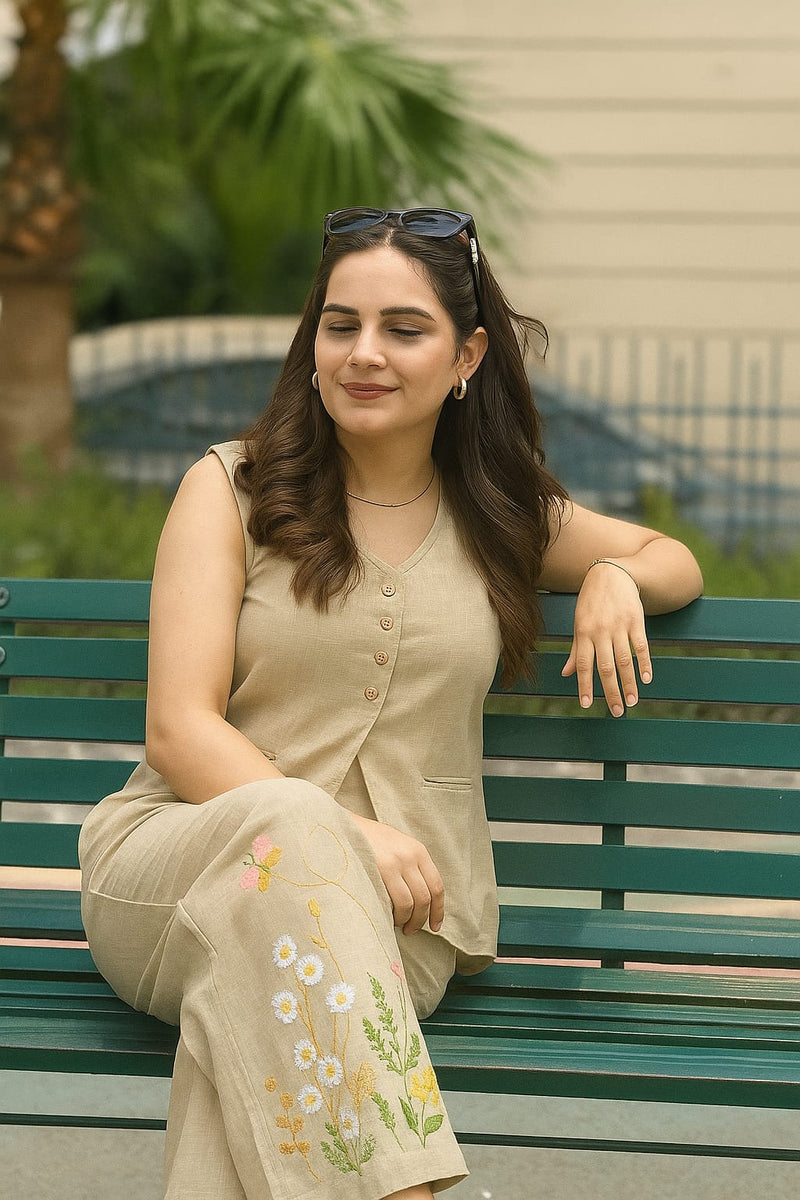 Brown Embroidered Cotton Slub Co-ord Set